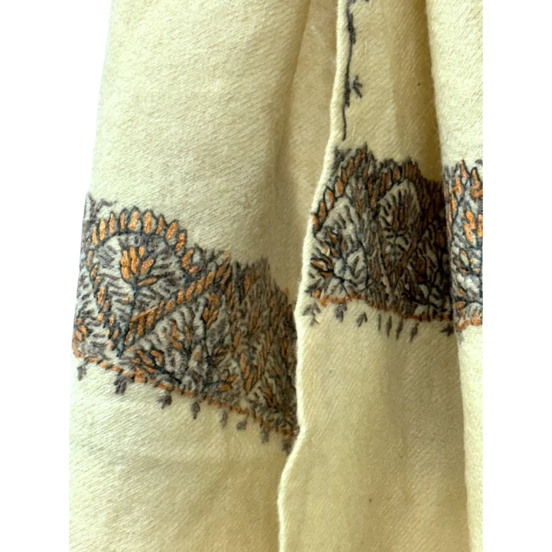 50+ year old vintage Kashmiri wool neck scarf from India. Hand embroidered borders, 8.5x46 inches. A rare and delicate heritage accessory.