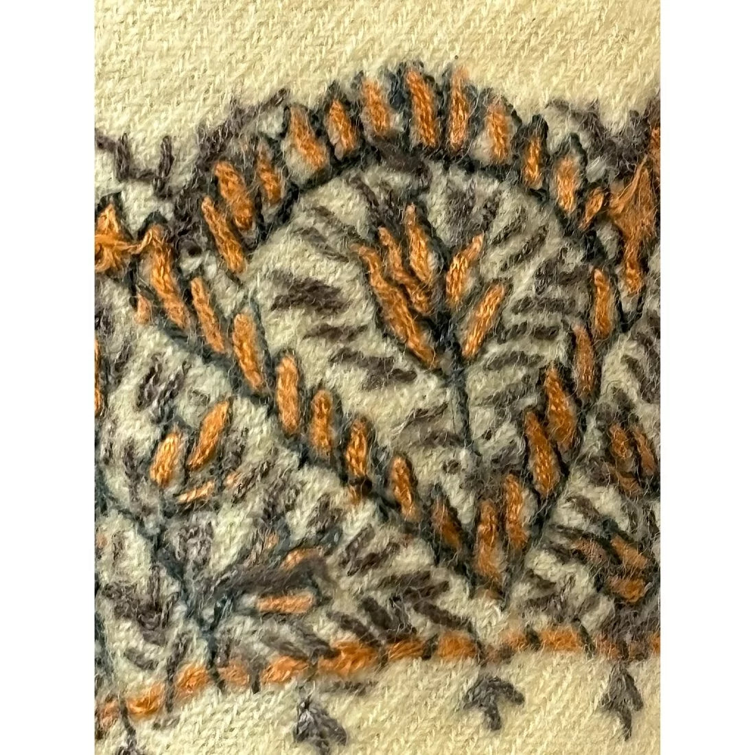 Vintage Kashmiri Wool Neck Scarf — Hand Embroidered Borders, India (50+ Years Old)