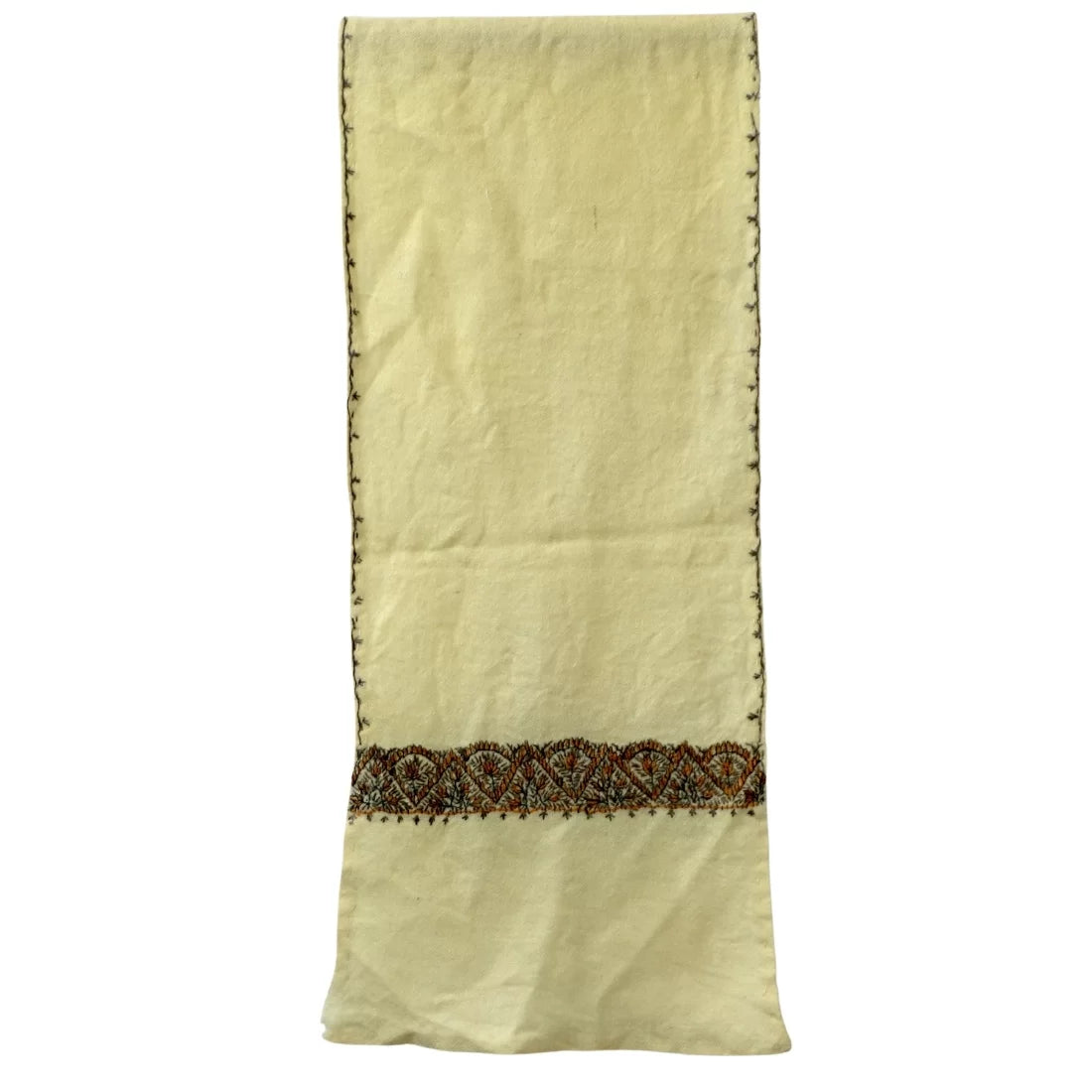 Vintage Kashmiri Wool Neck Scarf — Hand Embroidered Borders, India (50+ Years Old)