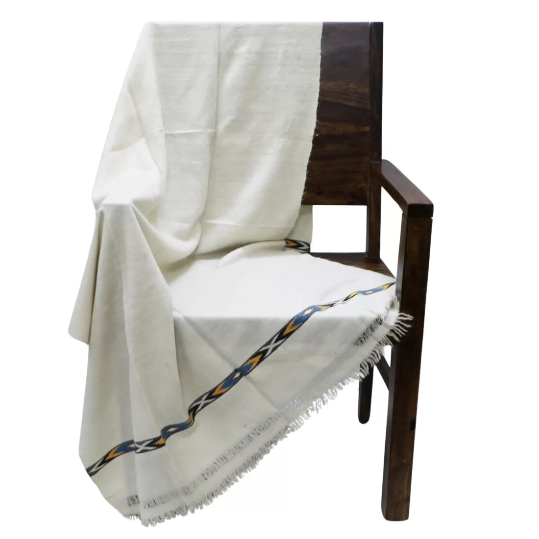 60+ year old vintage Angora wool shawl from Himachal Pradesh. Tapestry woven geometric border, off-white, 38x74 inches. Rare Indian handcraft.