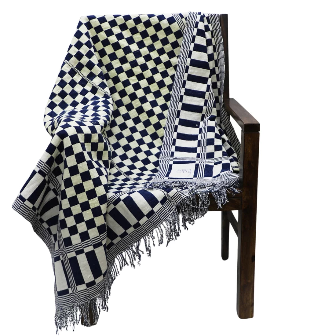 19th-century handwoven cotton Khes throw from Sindh. Natural indigo dye, checkered pattern, 50x90 inches. Rare South Asian heritage textile.