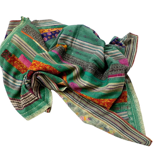Multicolor Patchwork Vintage Kantha Textile made from vintage sarees with hand kantha work. A unique collectible textile for decor and craft use.
