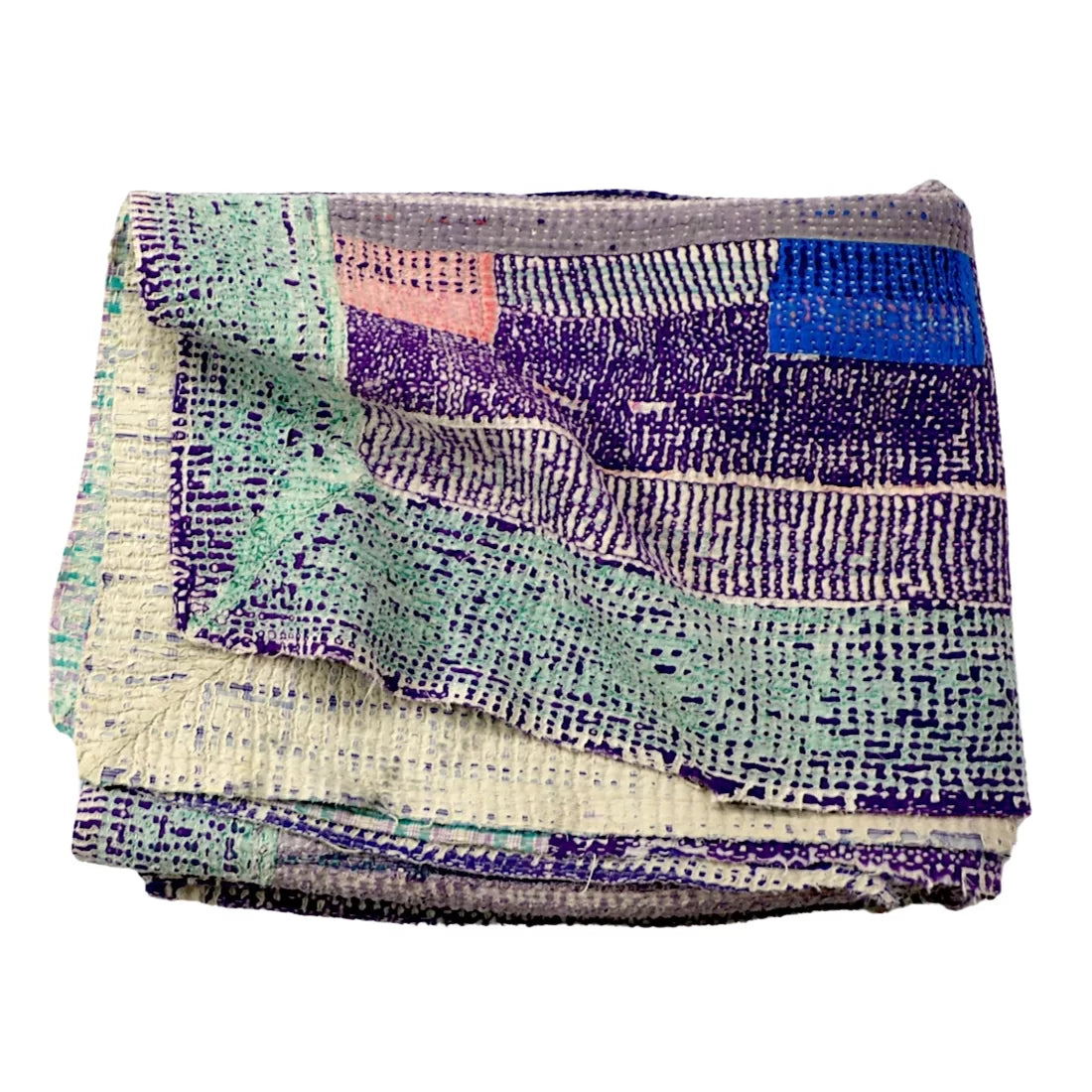 Pastel Striped Vintage Kantha Textile made from vintage sarees with hand kantha work. A unique collectible textile for decor and craft use.