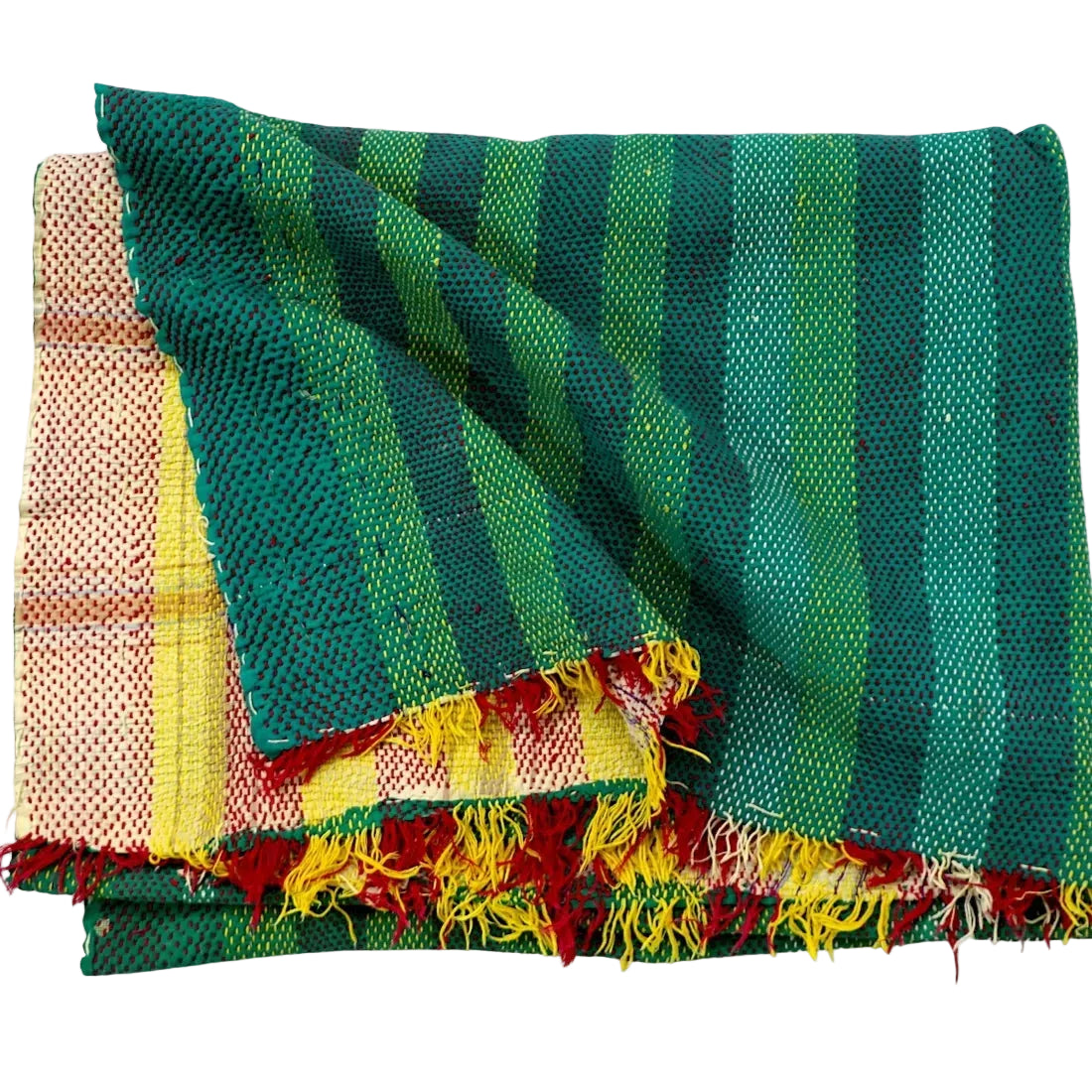 Green Striped Vintage Kantha Textile made from vintage sarees with hand kantha work. A unique collectible textile for decor and craft use.
