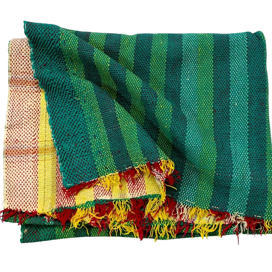 Green Striped Vintage Kantha Textile made from vintage sarees with hand kantha work. A unique collectible textile for decor and craft use.