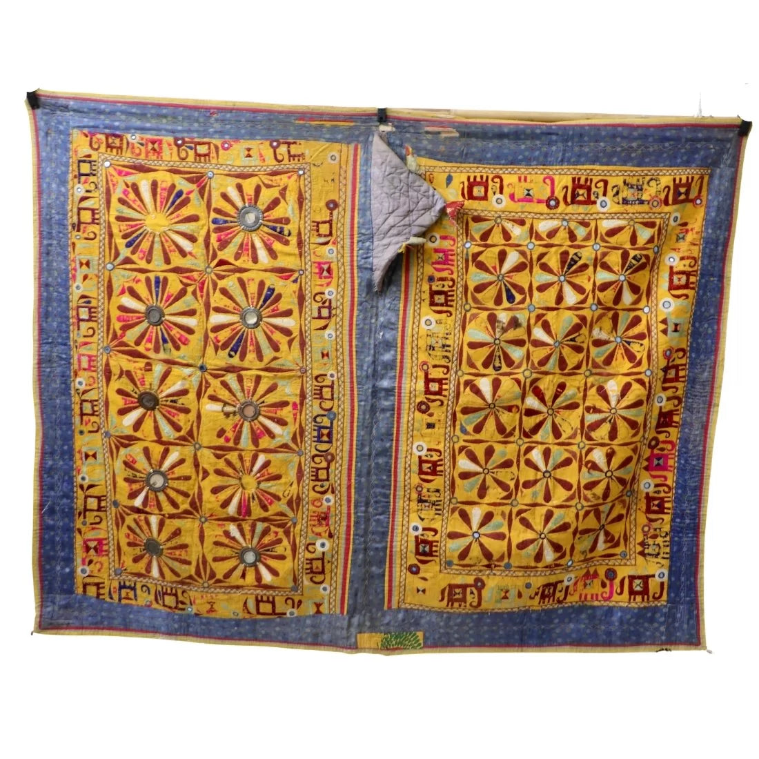 Rare 50-60 year old vintage camel cover from Kutch, Gujarat. Traditional hand embroidery, 50x65 inches. A unique piece of Indian folk textile heritage.
