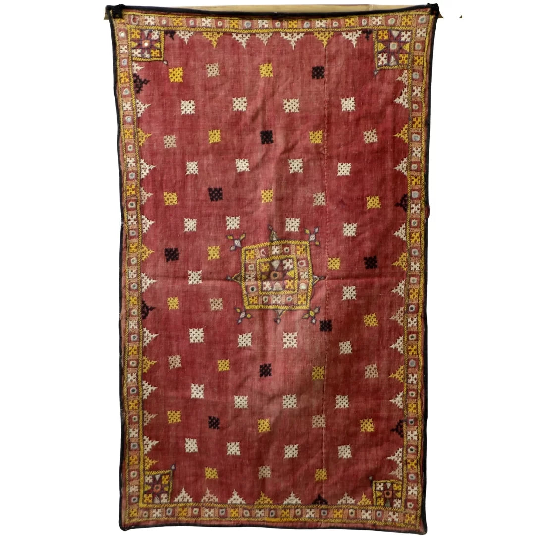50-60 year old vintage Kutch embroidered textile wall panel from Gujarat. Traditional hand embroidery, 24x40 inches. Rare Indian folk art piece.