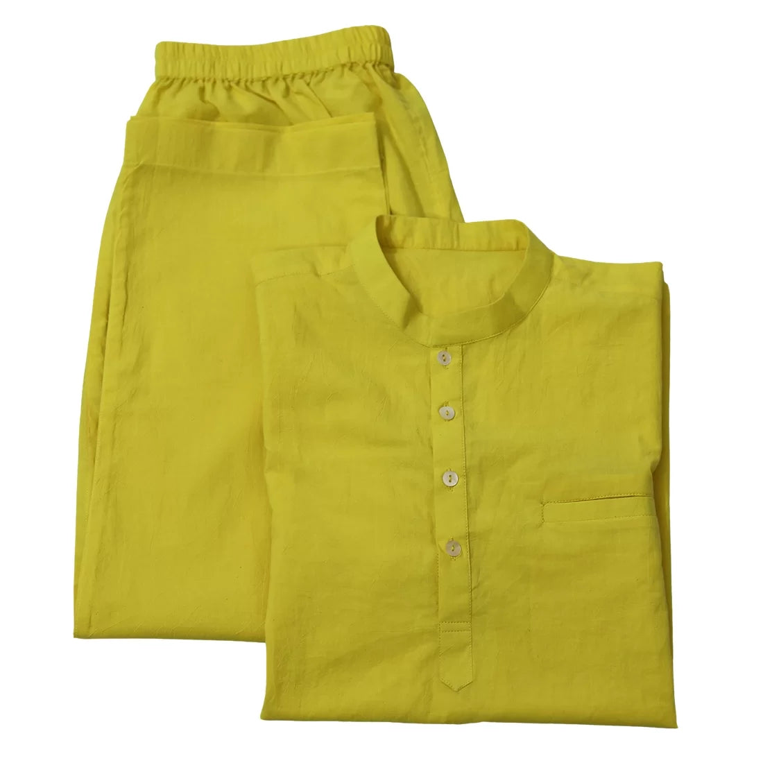 Handcrafted men's yoga kurta pyjama set in ayurvedic herbal dyed organic cotton. Available in Yellow, Peach, Forest Green & Coral. Sizes S–XL. Skin-friendly natural dye.