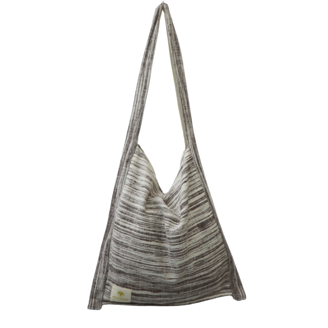 Chocolate brown and white handloom cotton jhola bag. 17×17 inch, zippered top, inner pocket, fully lined. Warm, earthy carry handwoven in India.
