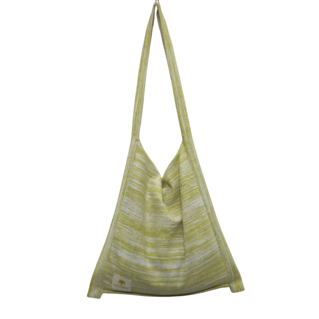 Sunshine-bright lemon yellow stripes on crisp white cotton make this handwoven jhola bag an instant mood-lifter. Light, cheerful, and entirely handloom-woven — the perfect warm-weather companion for market runs or beach days.