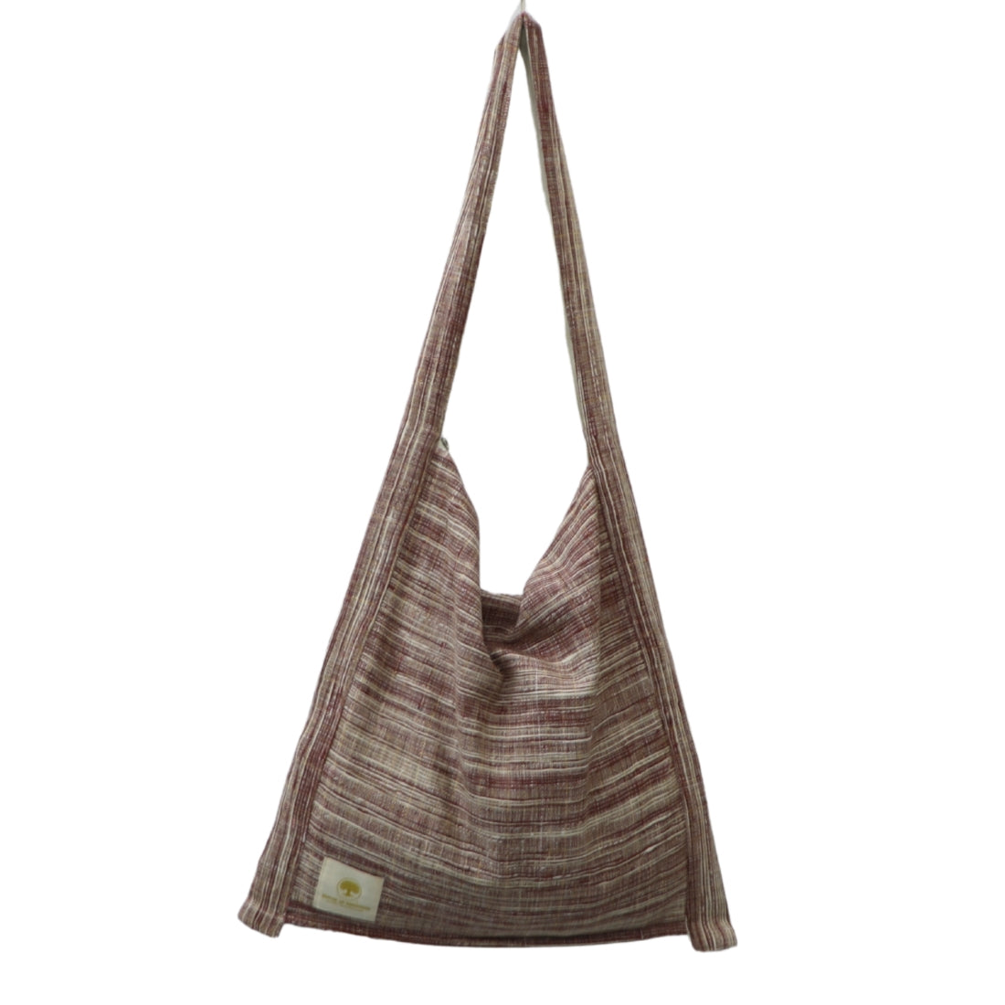 Wine and white stripe handwoven cotton jhola tote bag. 17×17 inch, zipper top, inner pocket, fully lined. Rich, festive carry handwoven in India.