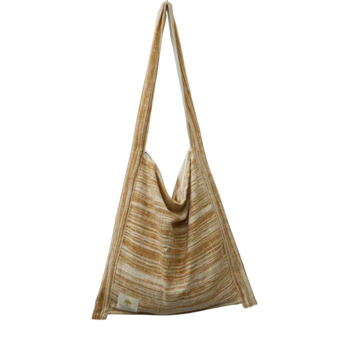 Mustard yellow and white handloom cotton jhola shoulder bag. 17×17 inch, zipper, inner pocket, fully lined. Golden-toned artisan carry from India.
