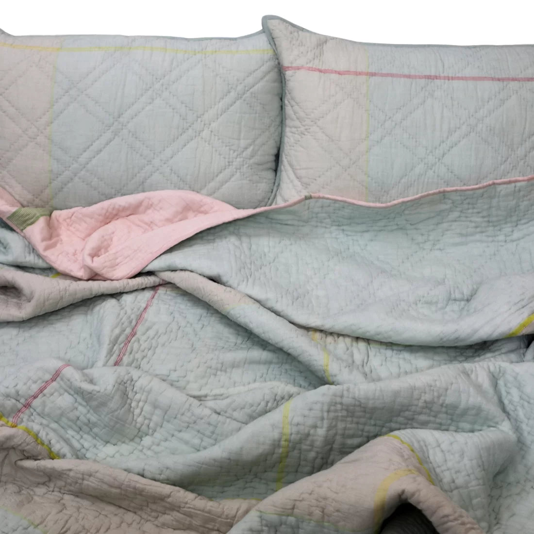 Reversible Kantha Quilt Set – Marshmallow Collection | Aqua Ice & Soft Pink