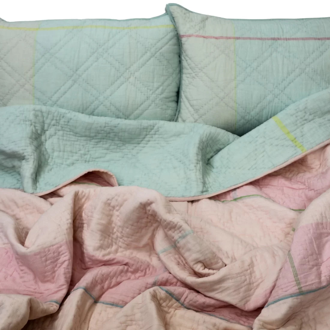 Reversible Kantha Quilt Set – Marshmallow Collection | Aqua Ice & Soft Pink