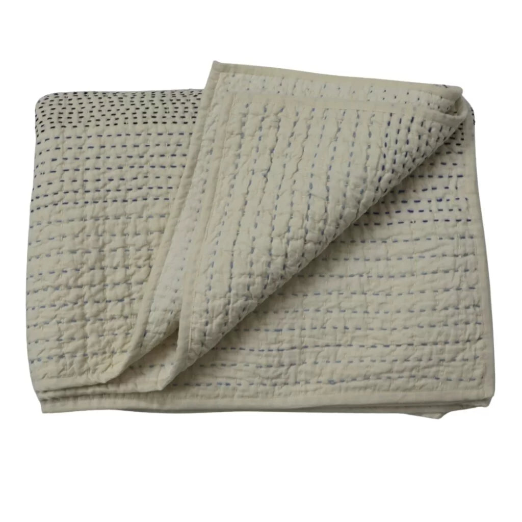 Quilted Throw Blanket – Ivory Linen with Blue Kantha Embroidery