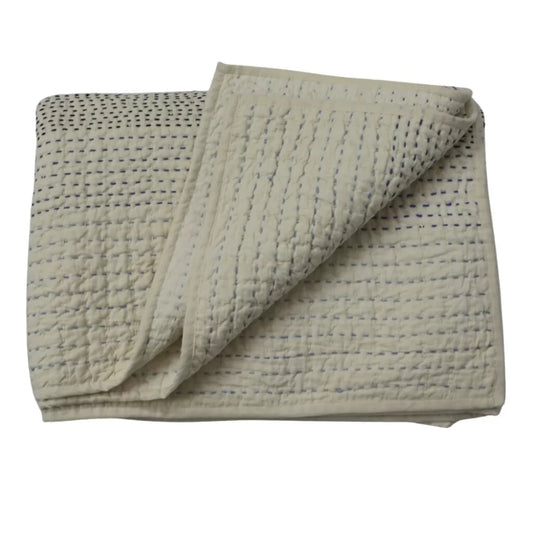Quilted Throw Blanket – Ivory Linen with Blue Kantha Embroidery