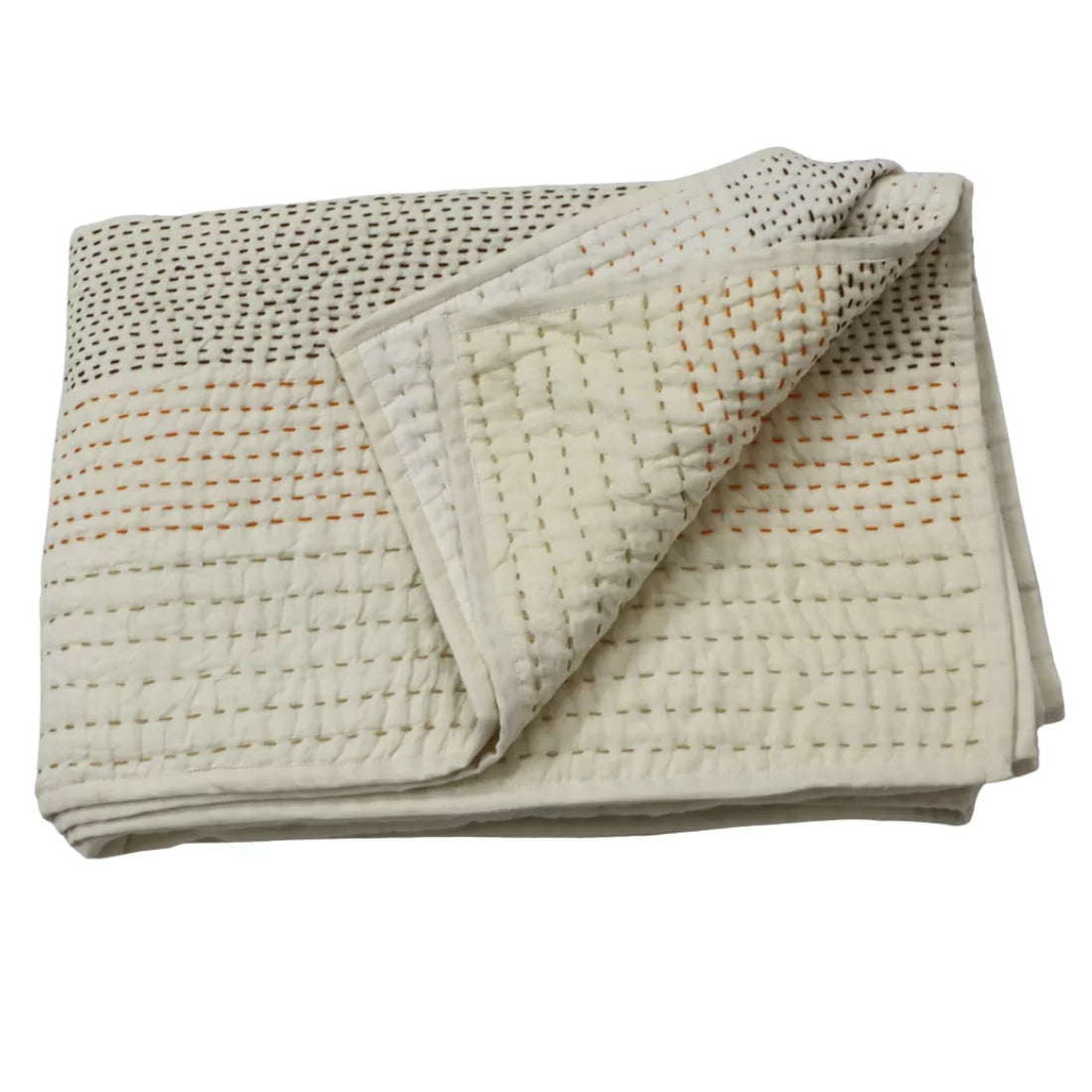 Linen Throw Blanket – Ivory Elegance with Brown Kantha Embroidery