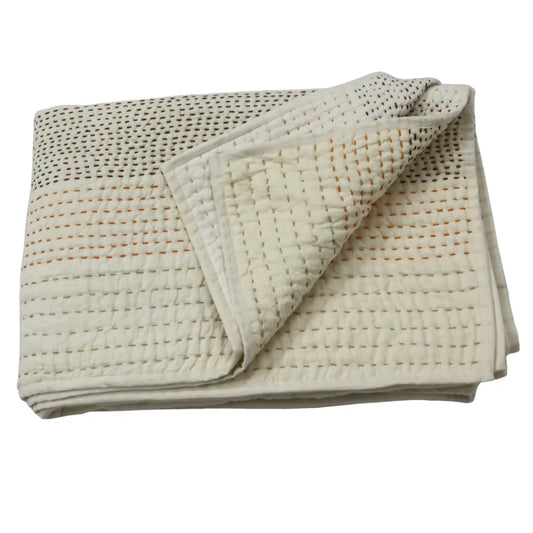 Linen Throw Blanket – Ivory Elegance with Brown Kantha Embroidery