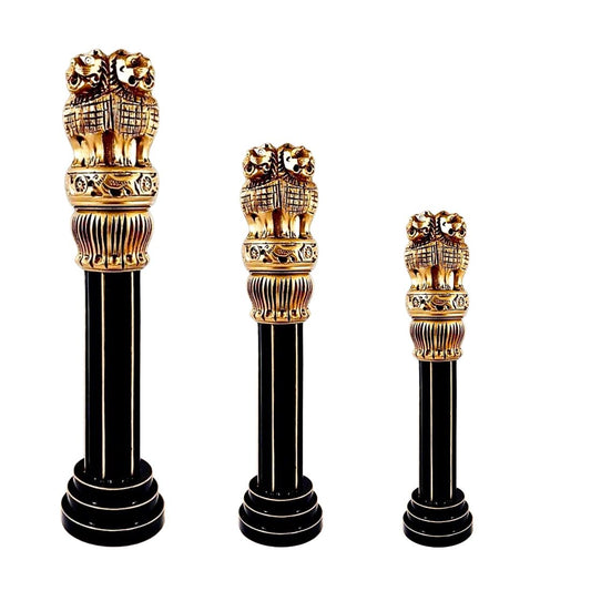 Ashok Stambh Showpiece | Handcrafted Brass Finish Wooden Ashoka Pillar | National Symbol Heritage Décor | 12", 10" & 8" Sizes
