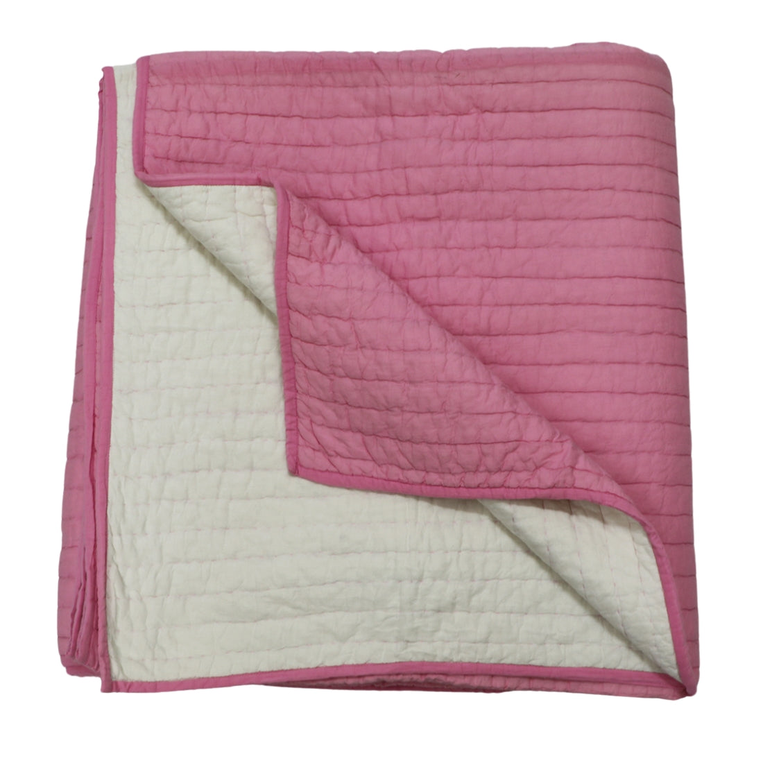 pink & white kantha cotton quilt for everyday bedding